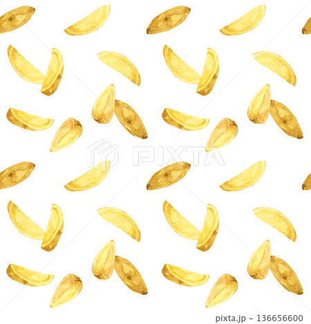 ナチュラルカットのフライドポテトのシームレスパターン　手描き水彩イラスト背景素材 136656600