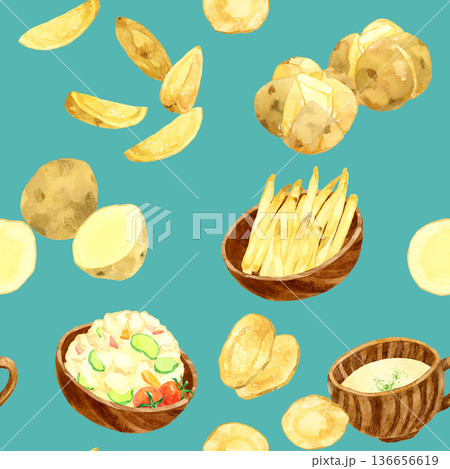 色々なじゃがいも料理のシームレスパターン 手描き水彩イラスト背景素材 色々なじゃがいも料理のシームレスパターン 手描き水彩イラスト背景素材 136656619