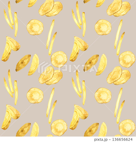 色々なじゃがいも料理のシームレスパターン　手描き水彩イラスト背景素材 136656624