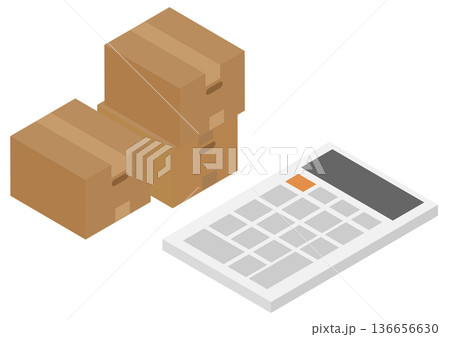 引越し配送梱包などの積み上げられた段ボールと電卓のアイソメトリックイラスト 136656630