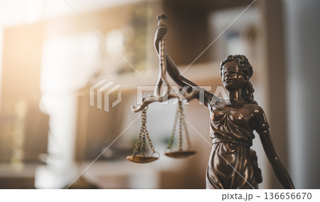 Lady justice,Law theme, mallet of the judge, law enforcement officers, evidence-based cases and documents taken into account. 136656670