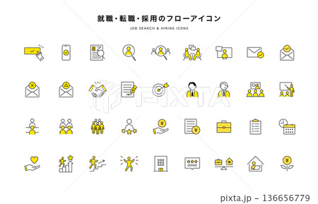 就職・転職・採用フローのビジネスアイコンセット（線画ベクター） 136656779
