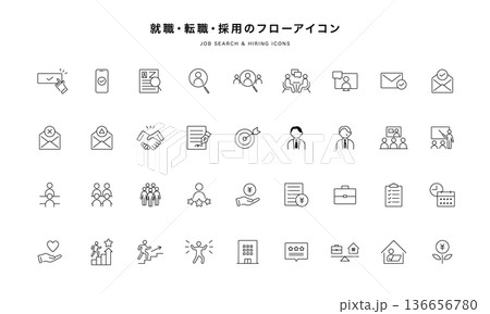 就職・転職・採用フローのビジネスアイコンセット（線画ベクター） 136656780
