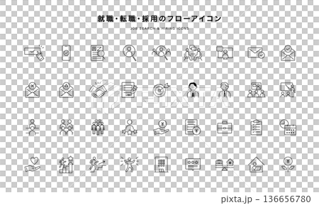 就職・転職・採用フローのビジネスアイコンセット（線画ベクター） 136656780