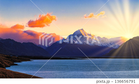 アオラキ・マウント・クック国立公園の美しい夕景 136656791