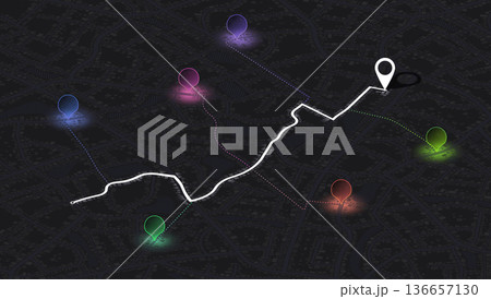 Isometric night city map with colorful location markers and main white navigation path. Vector illustration. 136657130