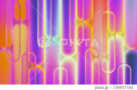 Neon liquid glass 3d background. Abstract vertical striped pattern, rectangle transparent rounded overlay design with glowing edges, vibrant pink blue yellow gradient, lighting effect. 3D illustration Neon liquid glass 3d background. Abstract vertical striped pattern, rectangle transparent rounded overlay design with glowing edges, vibrant pink blue yellow gradient, lighting effect. 3D illustration 136657192