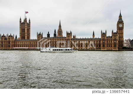Big Ben with Houses of Parliament and Westminster bridge in London, England, United Kingdom 136657441