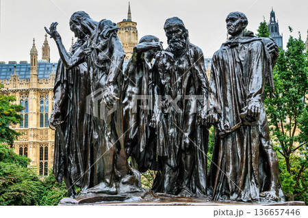 Big Ben with Houses of Parliament and Westminster bridge in London, England, United Kingdom 136657446