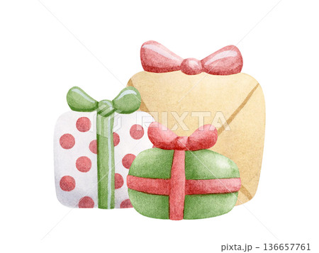 Cartoon Christmas gift boxes with bows illustration isolated on white, Hand drawn cute festive presents in pastel green, beige and red colors with polka dots. Childish Happy New Year clip art Cartoon Christmas gift boxes with bows illustration isolated on white, Hand drawn cute festive presents in pastel green, beige and red colors with polka dots. Childish Happy New Year clip art 136657761