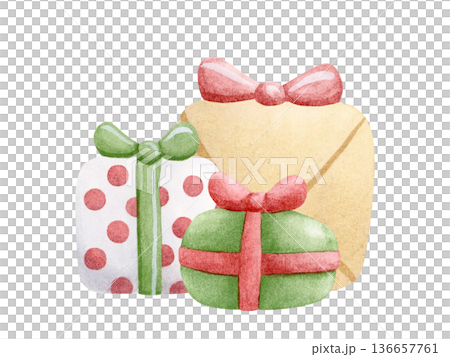 Cartoon Christmas gift boxes with bows illustration isolated on white, Hand drawn cute festive presents in pastel green, beige and red colors with polka dots. Childish Happy New Year clip art Cartoon Christmas gift boxes with bows illustration isolated on white, Hand drawn cute festive presents in pastel green, beige and red colors with polka dots. Childish Happy New Year clip art 136657761