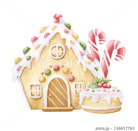 Watercolor gingerbread house with candy canes and decorated cake with holly berries illustration. Traditional Christmas desserts clip art in childish cartoon style. Winter holiday sweet food drawing 136657763