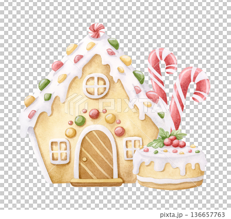 Watercolor gingerbread house with candy canes and decorated cake with holly berries illustration. Traditional Christmas desserts clip art in childish cartoon style. Winter holiday sweet food drawing 136657763