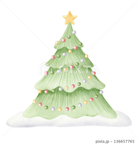 Christmas tree in snow with colorful garland watercolor illustration isolated on white for Happy New Year greeting cards and designs. Spruce decorated with yellow star and baubles cartoon clip art 136657765