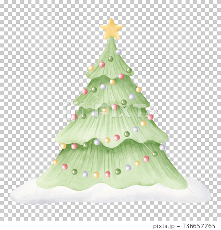 Christmas tree in snow with colorful garland watercolor illustration isolated on white for Happy New Year greeting cards and designs. Spruce decorated with yellow star and baubles cartoon clip art 136657765