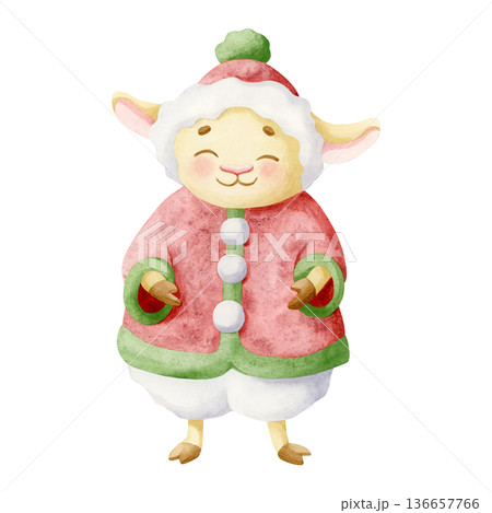 Cute sheep girl in winter clothes and hat illustration in traditional Christmas colors. Funny smiling lamb character template for Happy New Year greeting clip art. Chinese zodiac calendar symbol 136657766