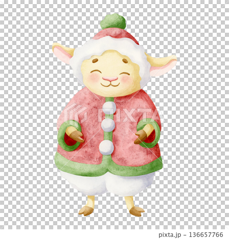 Cute sheep girl in winter clothes and hat illustration in traditional Christmas colors. Funny smiling lamb character template for Happy New Year greeting clip art. Chinese zodiac calendar symbol 136657766
