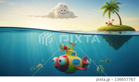 Cartoon submarine exploring ocean with smiling cloud and island Cartoon submarine exploring ocean with smiling cloud and island 136657767