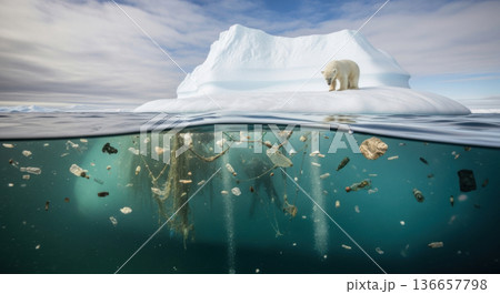 Polar bear standing on iceberg with ocean plastic pollution 136657798