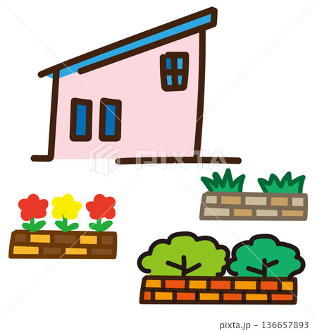 花壇のたくさんあるピンクの壁の家のゆるいイラスト 136657893