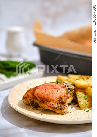 Delicious chicken thigh with roasted potatoes served in a bright kitchen setting Delicious chicken thigh with roasted potatoes served in a bright kitchen setting 136657999