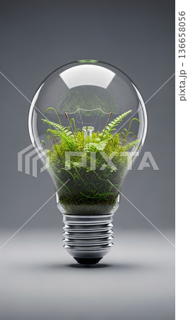 Light bulb filled with green moss isolated on neutral background eco innovation concept 136658056