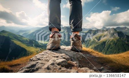 Closeup of feet from a woman with hiking shoes. Women hiking at sunset mountains with heavy backpack Travel Lifestyle wanderlust adventure concept summer vacations outdoor alone into the wild 136658147