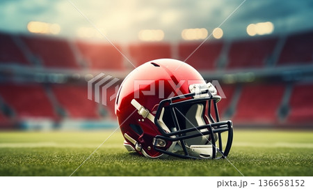 Sports equipment Red football helmet resting on stadium grass 136658152