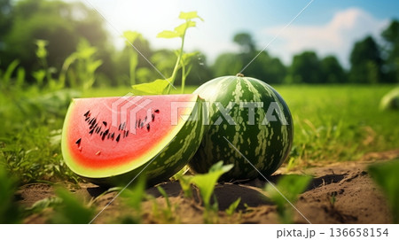 Sliced watermelon and whole one on grass field under sky. Juicy delicious watermelon 136658154