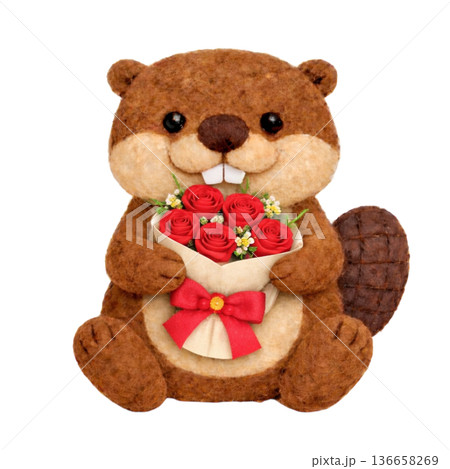 フェルト風の薔薇の花束を持ったビーバーのイラスト 136658269