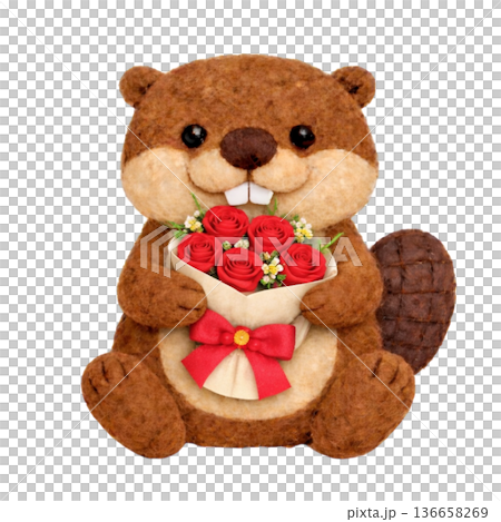 一隻海狸手捧一束毛氈玫瑰花的插圖 136658269