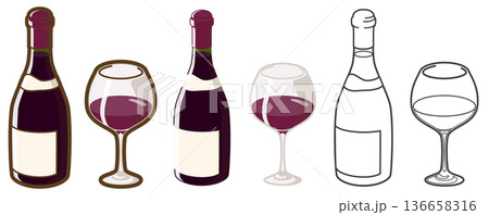 赤ワインボトルとグラス（ブルゴーニュ型） 136658316