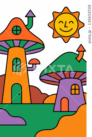 Whimsical Mushroom Houses and Smiling Sun Whimsical Mushroom Houses and Smiling Sun 136658508