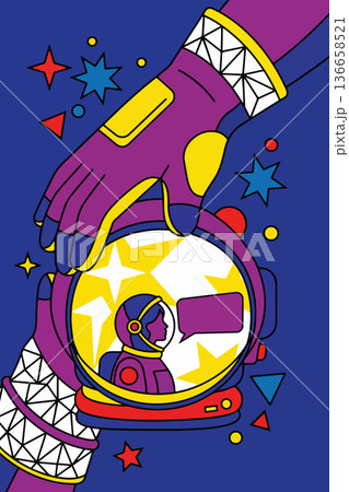 Astronaut in Space Helmet Held by Hands Astronaut in Space Helmet Held by Hands 136658521