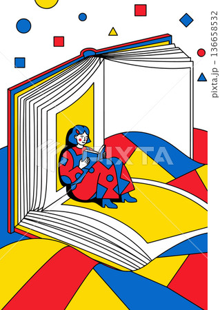 Woman Reading Inside a Giant Book with Geometric Shapes 136658532