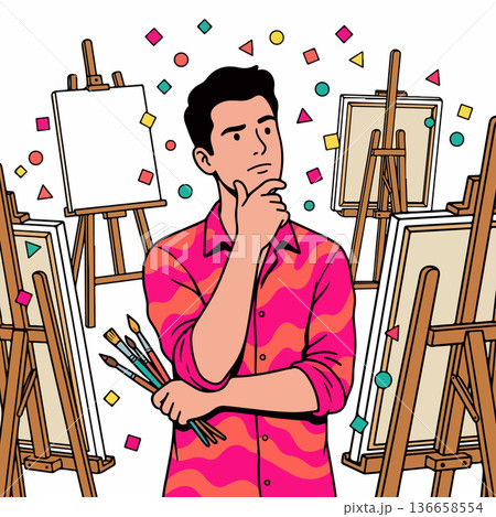 Contemplative Artist Surrounded by Easels Contemplative Artist Surrounded by Easels 136658554