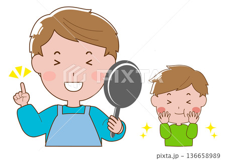笑顔でフライパンを持っている男性とおいしい表情の男の子 136658989
