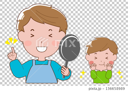 笑顔でフライパンを持っている男性とおいしい表情の男の子 136658989