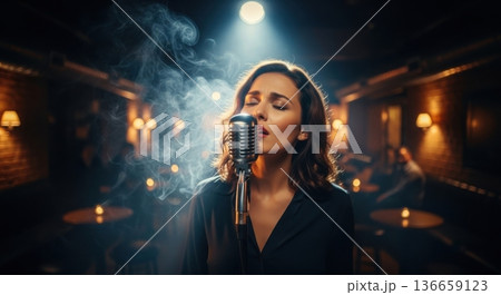 Female jazz vocalist performing live in a smoky club Female jazz vocalist performing live in a smoky club 136659123