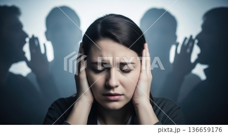 Young woman covering ears avoiding gossip and rumors 136659176