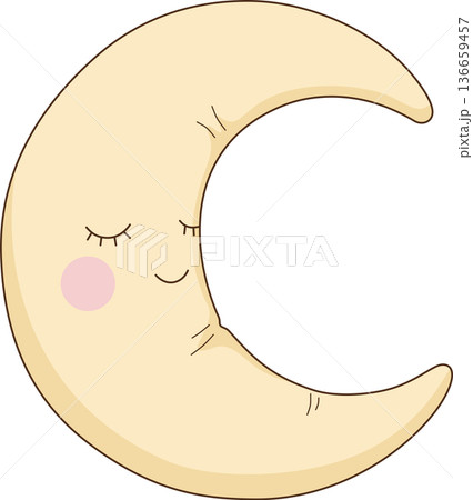 Hand Drawn Minimalist Illustration of a Cute Sleeping Crescent Moon with Smiling Face for Bedtime and Nursery Decor Hand Drawn Minimalist Illustration of a Cute Sleeping Crescent Moon with Smiling Face for Bedtime and Nursery Decor 136659457