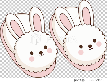 Minimalist Hand Drawn Illustration of Cute White Fluffy Bunny Slippers with Pink Ears for Cozy Loungewear and Home Comfort Concept 136659458