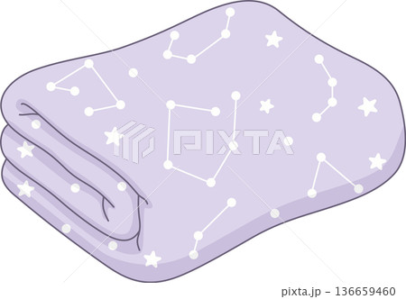 Minimalist Hand Drawn Illustration of a Folded Purple Blanket with Star and Constellation Patterns for Cozy Bedtime and Home Decor Concept 136659460