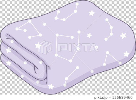Minimalist Hand Drawn Illustration of a Folded Purple Blanket with Star and Constellation Patterns for Cozy Bedtime and Home Decor Concept 136659460