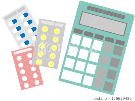 薬代や調剤費用の計算イメージの薬（錠剤やカプセル）と電卓のイラスト素材 136659480