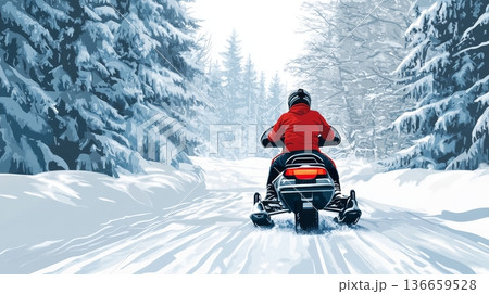 Thrilling Snowmobile Adventure in Majestic Winter Landscape 136659528