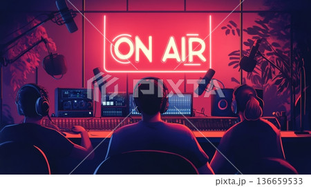 Professional Radio Broadcast Studio with Neon On-Air Sign and Microphone Professional Radio Broadcast Studio with Neon On-Air Sign and Microphone 136659533