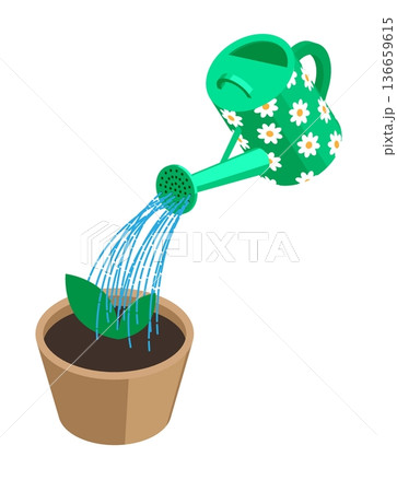Isometric garden watering can waters a plant in a flower pot. 3D vector isolated on white background Isometric garden watering can waters a plant in a flower pot. 3D vector isolated on white background 136659615