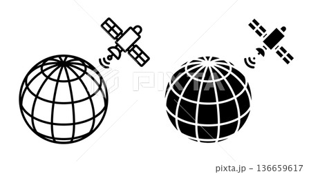Linear isometric icon. Globe with grid lines linked with orbit satellite via signal waves, symbolizing global communication and space technology. Simple vector isolated on white background 136659617