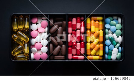 Different types of pills and tablets arranged in a container on a dark surface 136659843